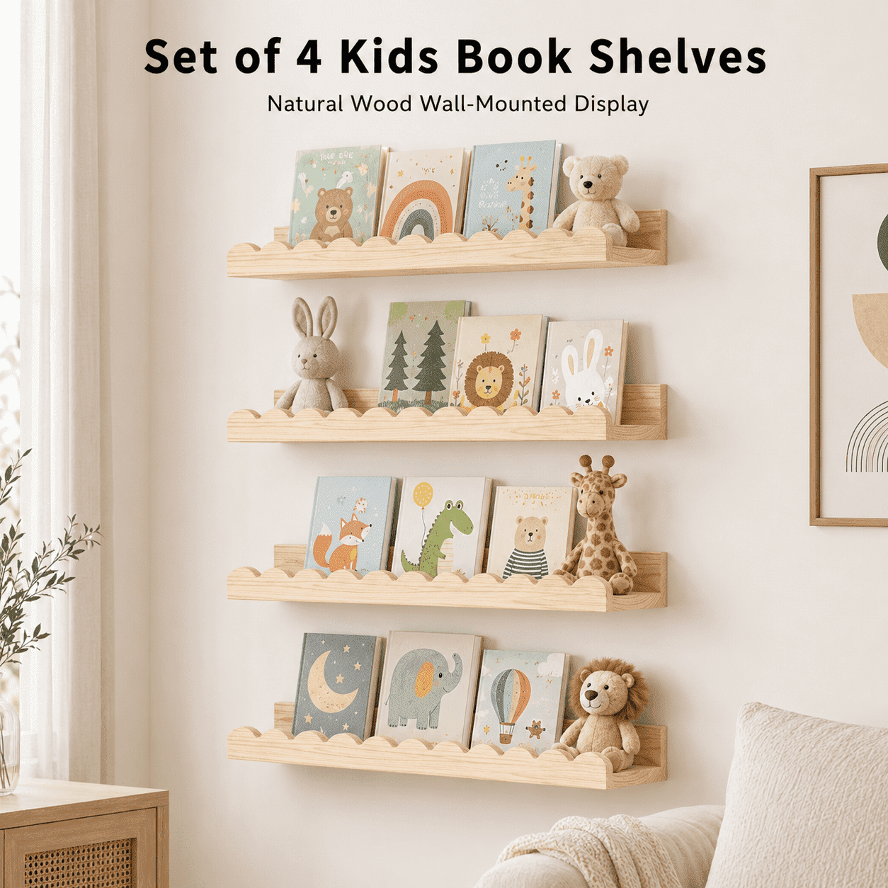 Morave Scalloped Wood Floating Wall Shelves, 4 Pack, 16.5 in, Decor Storage for Nursery, Kids Bedroom