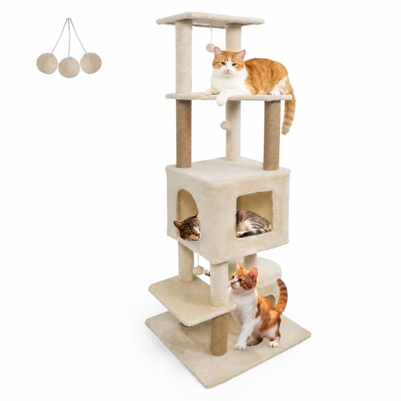 SUGIFT 64 Inch Tall Cat Tree Cat Tower with 2 Large Condos Jute Scratching Posts and Perches for Indoor Adult Cats, Multi Level, Beige