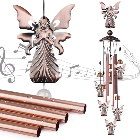 Rirool Angel Wind Chimes Outdoor Decor, 35 Inch Wind Chime with 4 Aluminum Tubes, 6 Bells and 7 Angel Charms, Memorial Garden Decoration for Patio, Porch, Balcony and Yard