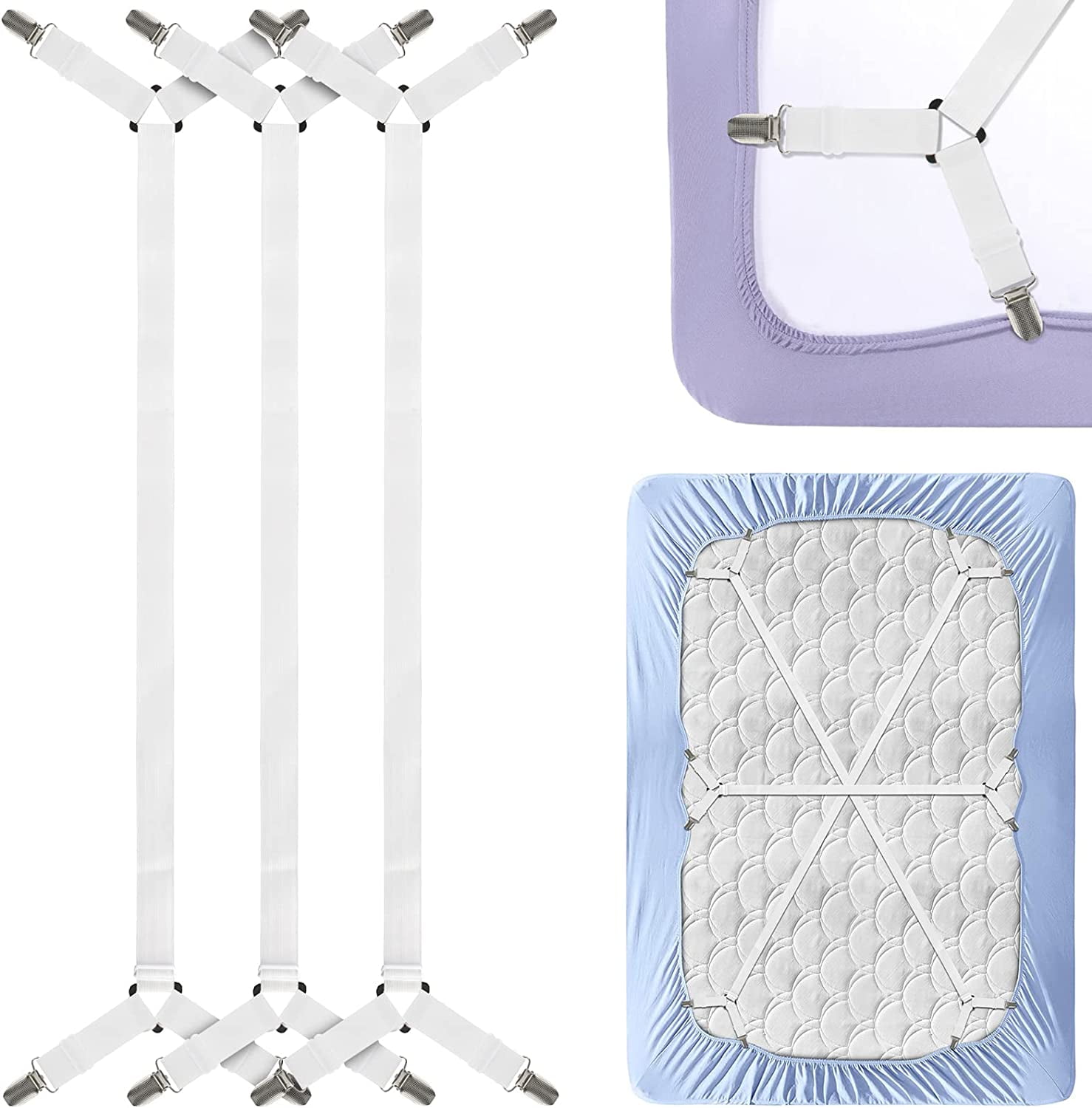 3 Pcs Sheet Fasteners Bed Sheet Holder Straps with Clips Adjustable Elastic Bands Sheet Clips