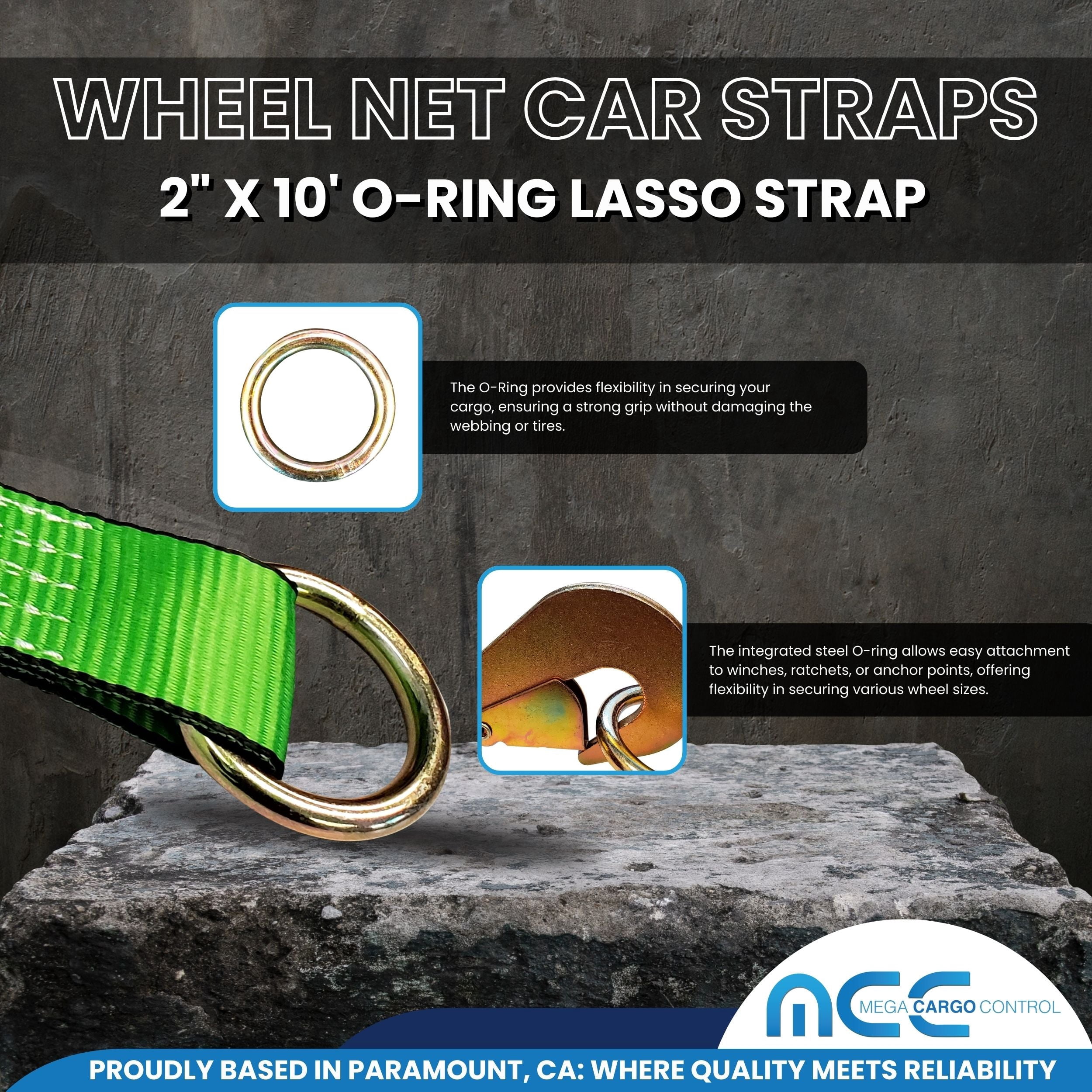 Mega Cargo Control Side Mount Wheel Net Straps with Swivel J Hook Ratchet Buckles, 2" x 10' O-Ring Lasso Strap, 4 Pack, Green