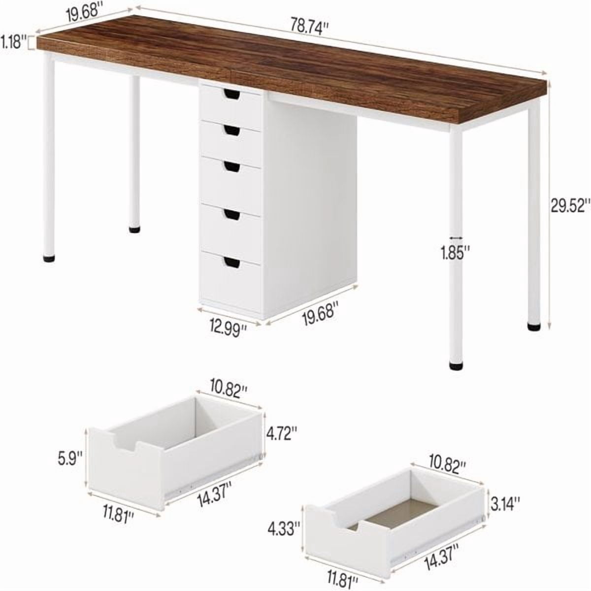 78.7 Inch 5-Drawer Double Computer Desk - Two-Person Workstation with Storage, Brown & White, MDF with Metal Legs - for Home Office