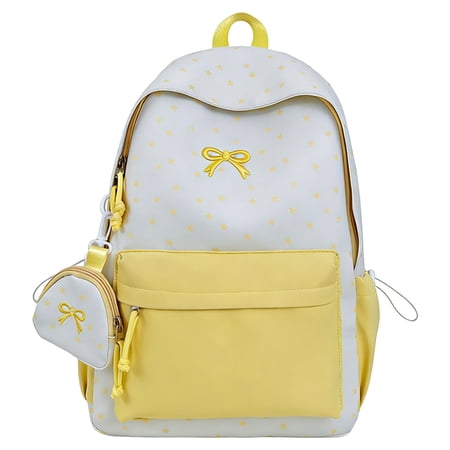 Bow Embroidery School Backpack Star Print Backpack with Mini Pendant Bag Lightweight Loptop Backpack for Travel Shopping (Yellow)