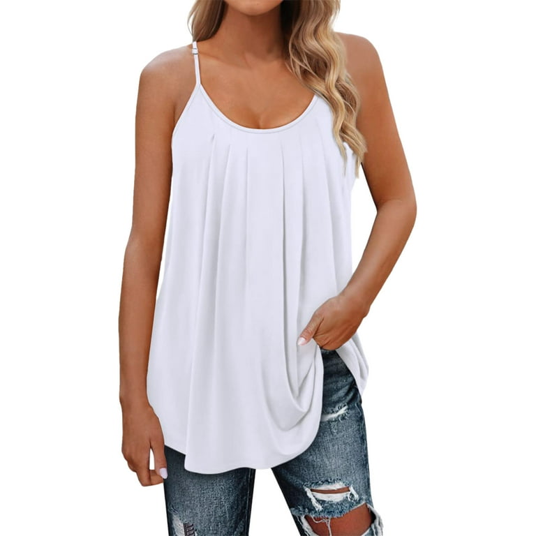 Sayhi Women's Solid Strap Ruffle Tank Tops Summer Casual Sleeveless Top  Loose Camisole Vest White M 