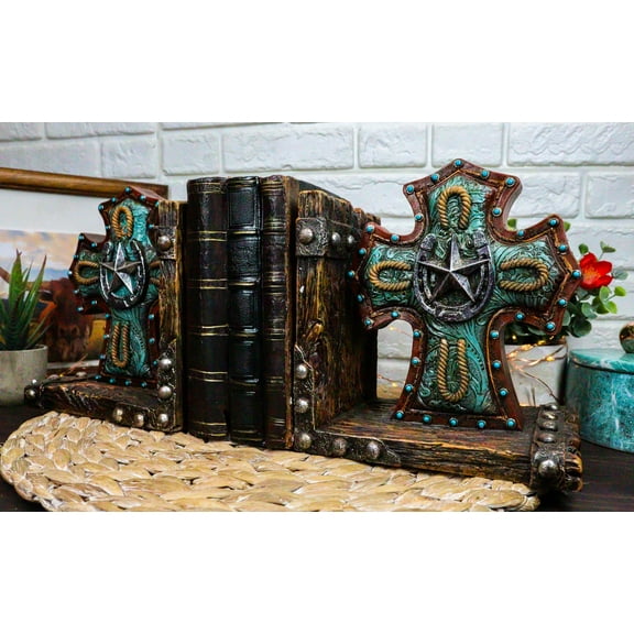 Rustic Turquoise Western Star Horseshoes Cross Braided Ropes Decorative Bookends