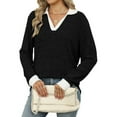 thumbnail image 2 of Women'S V Neck Sweaters Pullover Color Block Collar Long Sleeves Loose Fit Casaul Tunic Tops Shirts Black S, 2 of 9
