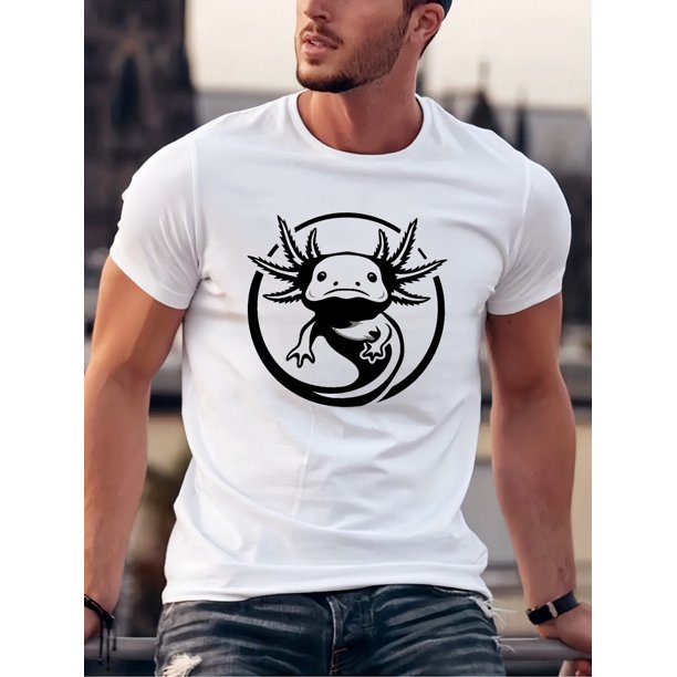 Men's Casual Short Sleeve T-Shirt - Sleek Axolotl Logo Print, Graphic Tee for Summer, Soft Cotton Fabric, Round Neck, Machine Washable