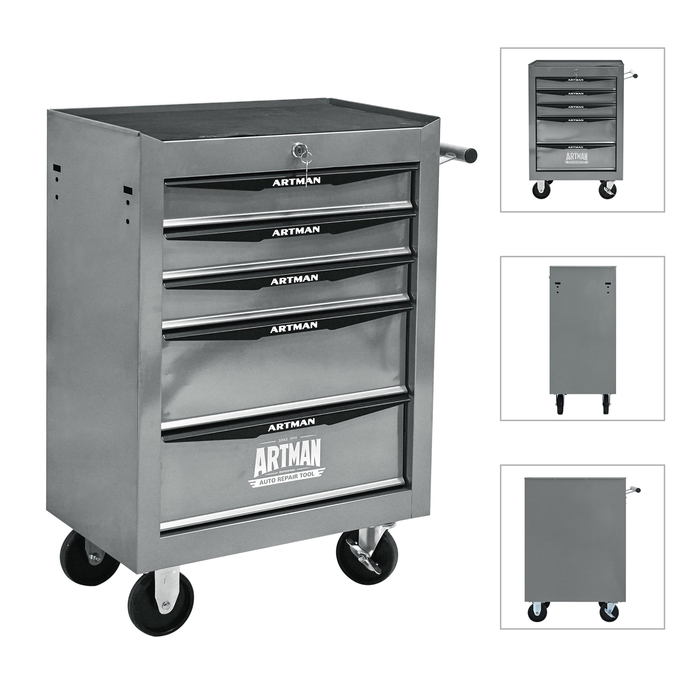 Noble House 5-Drawer Mobile Steel Tool Organizer with Key Lock, Ball Bearing Slide Storage Cabinet Box, Silver