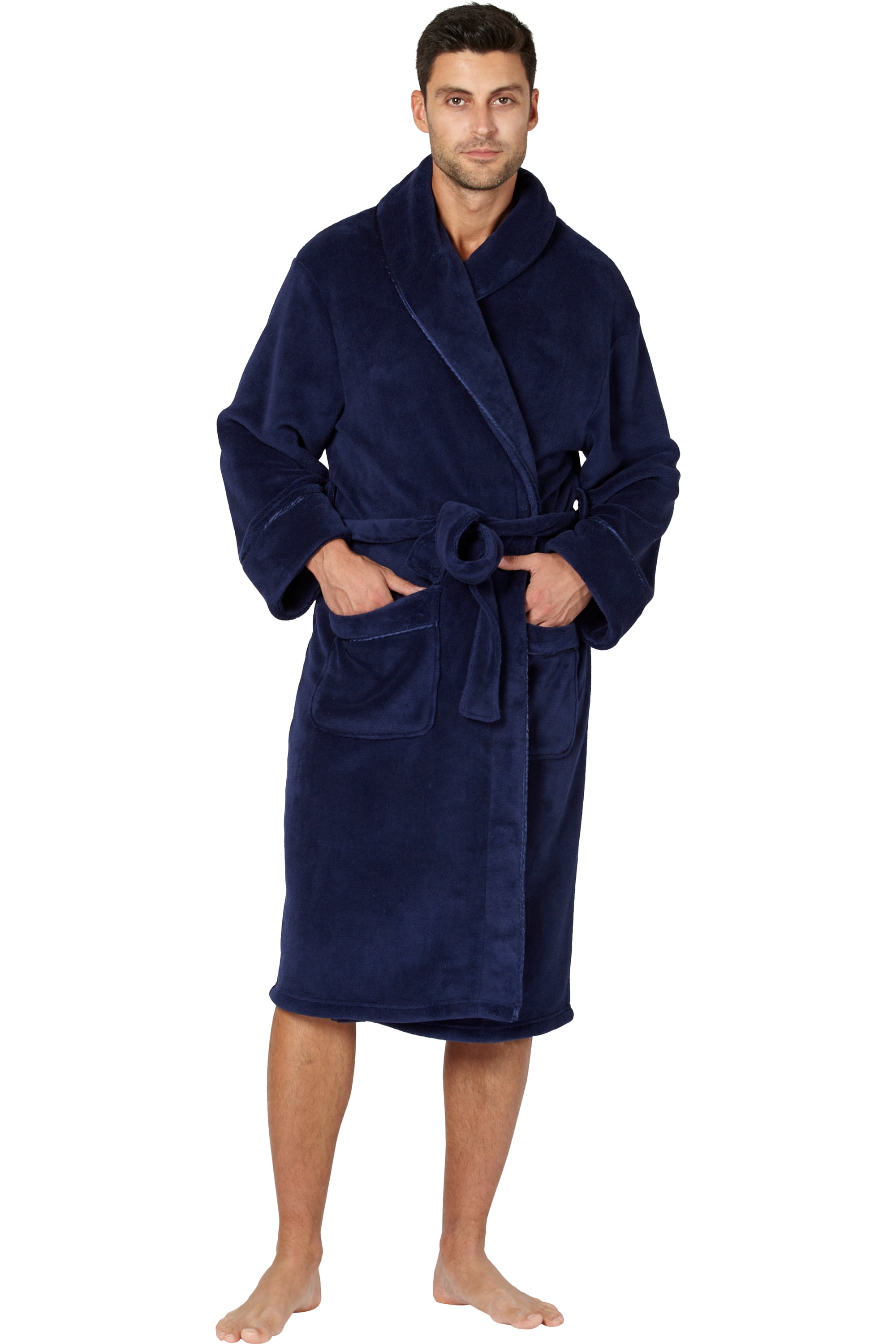 INTIMO Mens Solid Plush Robe with Satin Trim Navy Walmart Canada