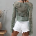 thumbnail image 3 of Defitshape Women's Long Sleeve Crochet Cover Up Shirt Short Knitwear Boat Neck Bell Sleeve See Through Fishnet Cutout Beach Summer Net Knit Crop Top Green Medium, 3 of 4