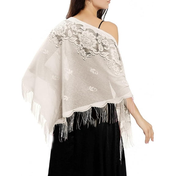 Women’s Vintage Floral Shawls and Wraps Hollow Out Scarves for Evening Dresses Triangle Shawl Fringed Evening Cape