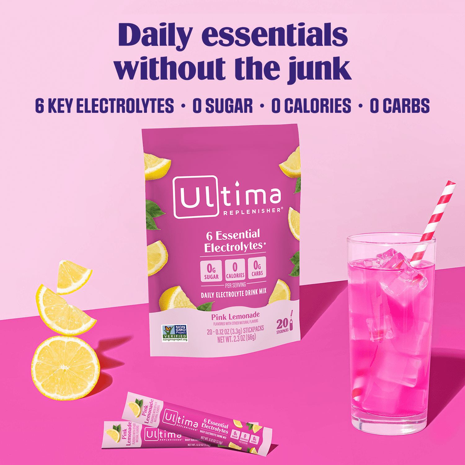 Ultima Replenisher Hydration Electrolyte Drink Mix Powder Packets, Sugar-Free Pink Lemonade, 20 Ct