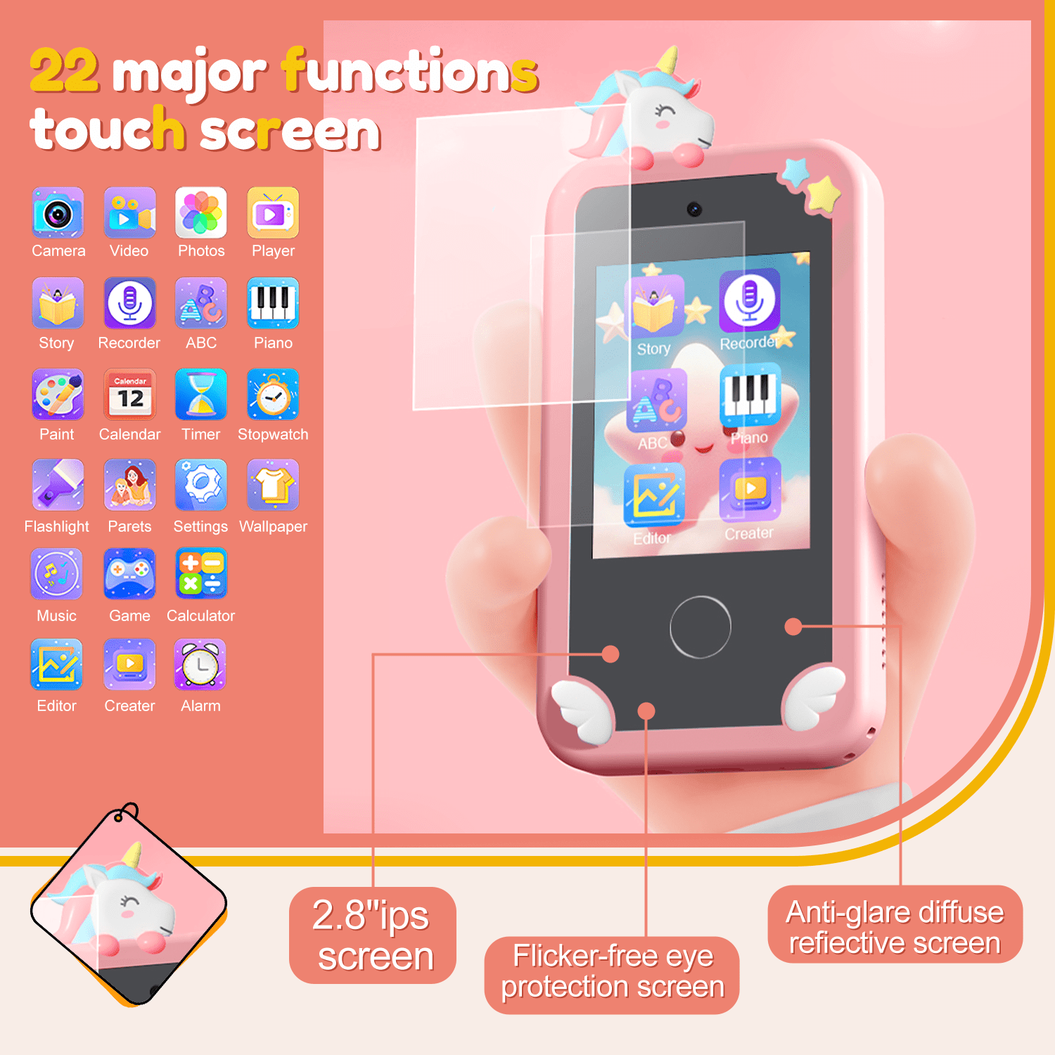 Merryhome Kids Smart Phone with Holographic Pyramid, 32G Card Christmas Birthday Gifts for Age 3-10 Kids Toys Cell Phone, 2.8" Touchscreen Toddler Learning Play Toy, Dual Camera, Music Player