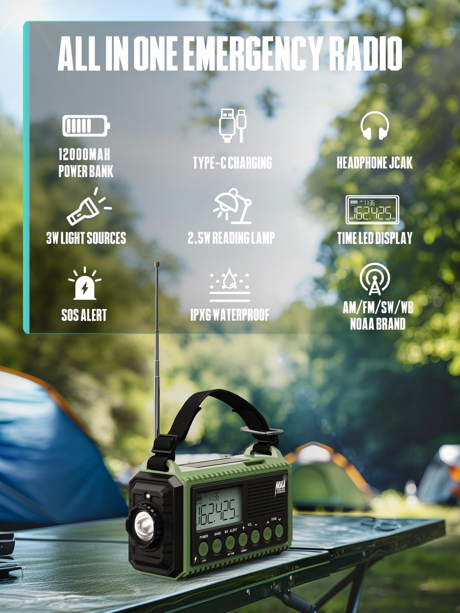 12000mah Emergency Radio - Auto Noaa Weather Alert  Solar Hand Crank Am/fm/sw/noaa Flashlight Phone Sos Siren Kit For Camping Storms Power Outages