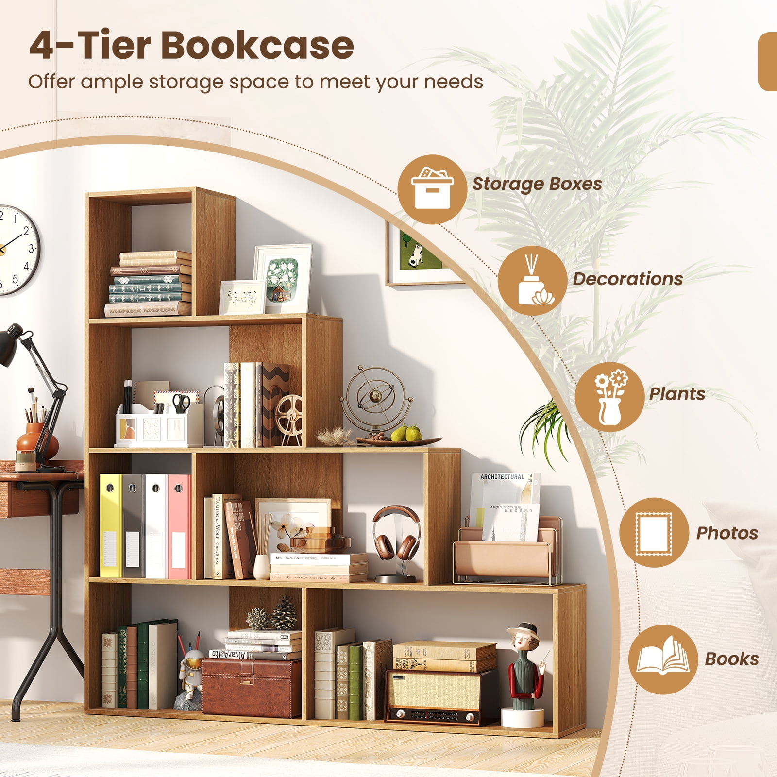 Giantex 4-Tier Stepped Bookshelf, Freestanding Ladder Storage Shelf w/ 6 Cubes, Modern Display Rack, Natural