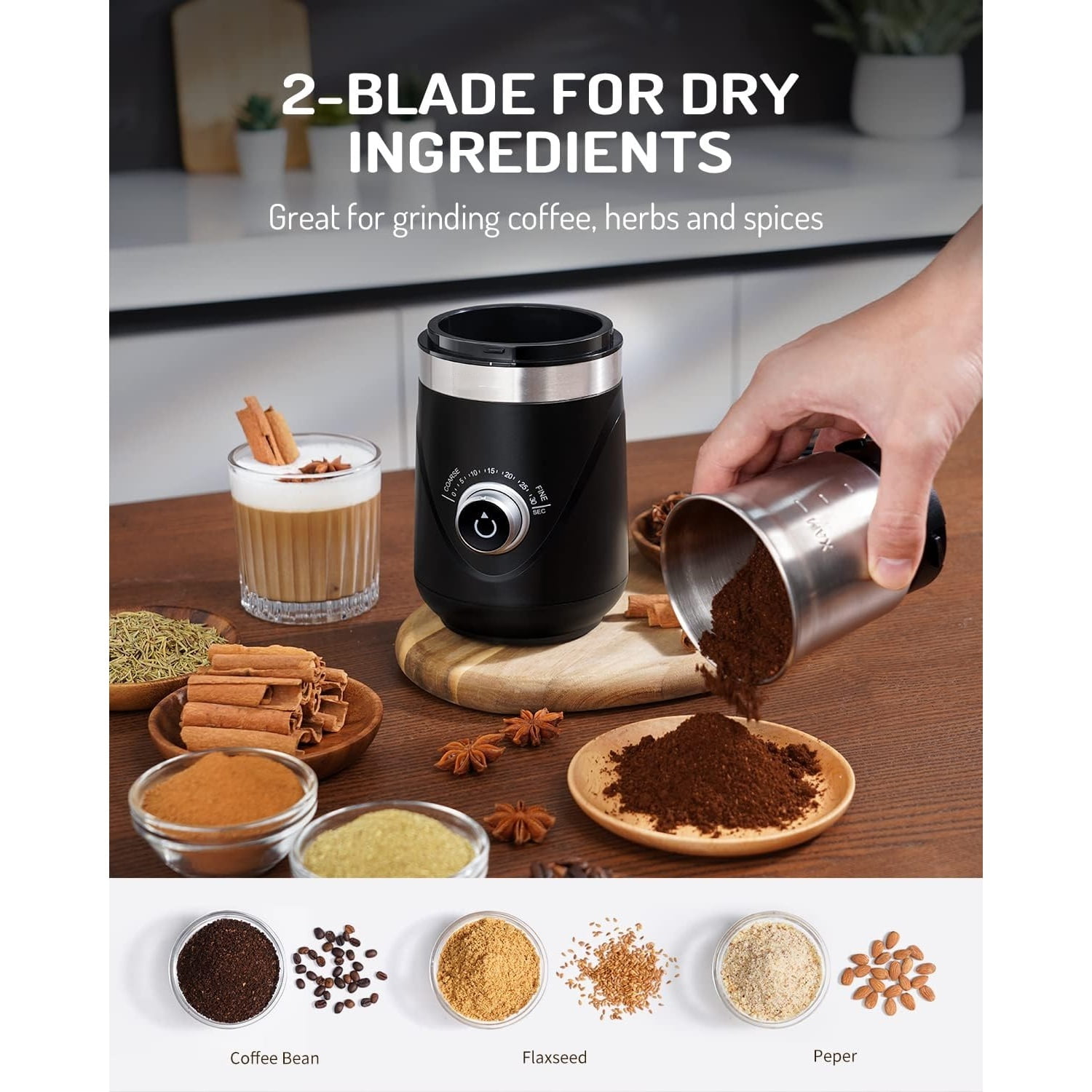 Electric Super Silent Blade Coffee Grinder, Timed Grind Control Rotary Knob, Adjustable Coarse to Fine for Coffee Beans, Spices & Herbs, with 2 Removable Stainless Steel Bowl, Black