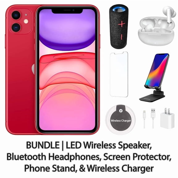 Apple iPhone 11 64GB Red Fully Unlocked with LED Wireless Speaker, Bluetooth Headphones, Screen Protector, Wireless Charger, & Phone Stand