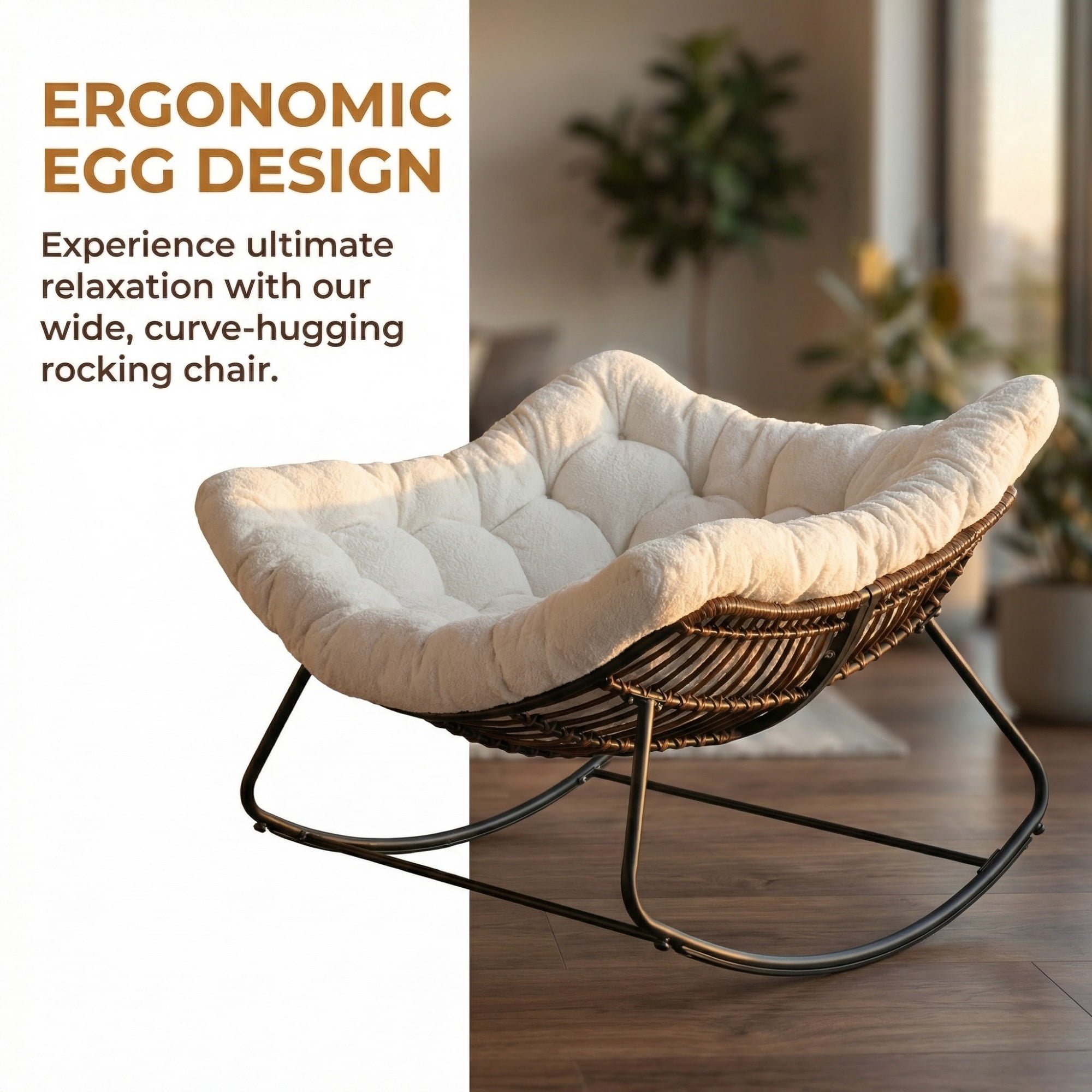 Outdoor Papasan Rocking Chair Oversized, Rattan Egg Rocker Chair with Padded Cushion, 400lbs Patio Wicker Rocking Chair for Living Room Porch Backyard, White