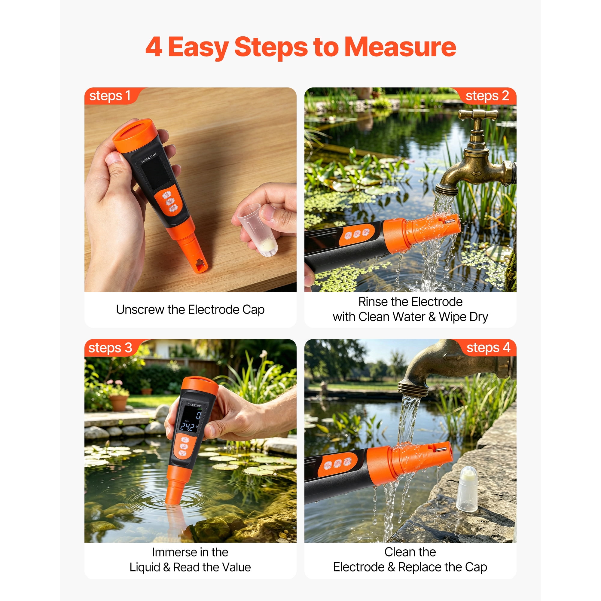 KFFKFF Digital TDS Meter, 0-9990 ppm Range, Multi-Parameter EC/TDS Measurement, Water Tester with Automatic Temperature Compensation, Clear VA Display, Ideal for Drinking Water Quality Analysis
