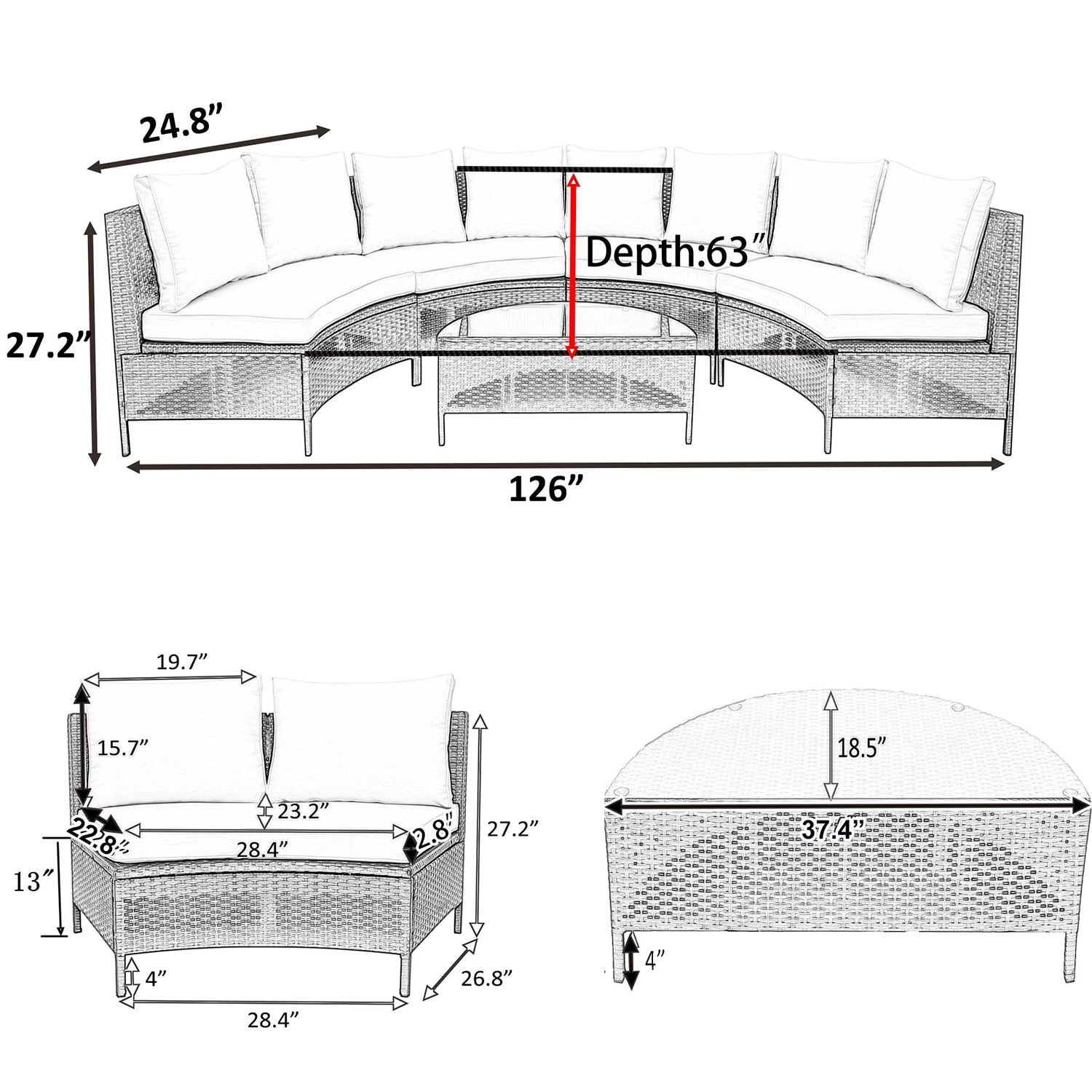 Harper & Bright Designs 5 Pieces Half Moon Outdoor Sectional Sofa Set, Patio All-Weather PE Wicker Furniture with Pillows, Cushions and Half-Moon Tempered Glass Table, Beige