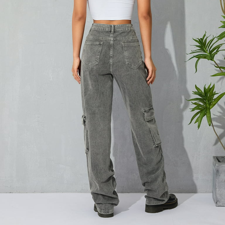 TopLLC Cargo Pants Wowomen Baggy Jeans with Pocket, Plus Size High Waist Wide  Leg Denim Pants Fashion Straight Trousers Streetwear Pants 