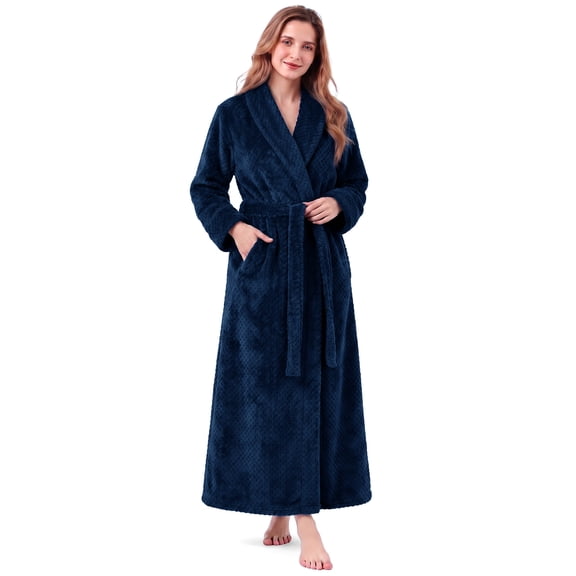 LOFIR Fleece Robe for Women Soft Warm Long Plush Bathrobe Slim Elastic Ladies Sleepwear Housecoats (S/M, Navy Blue)