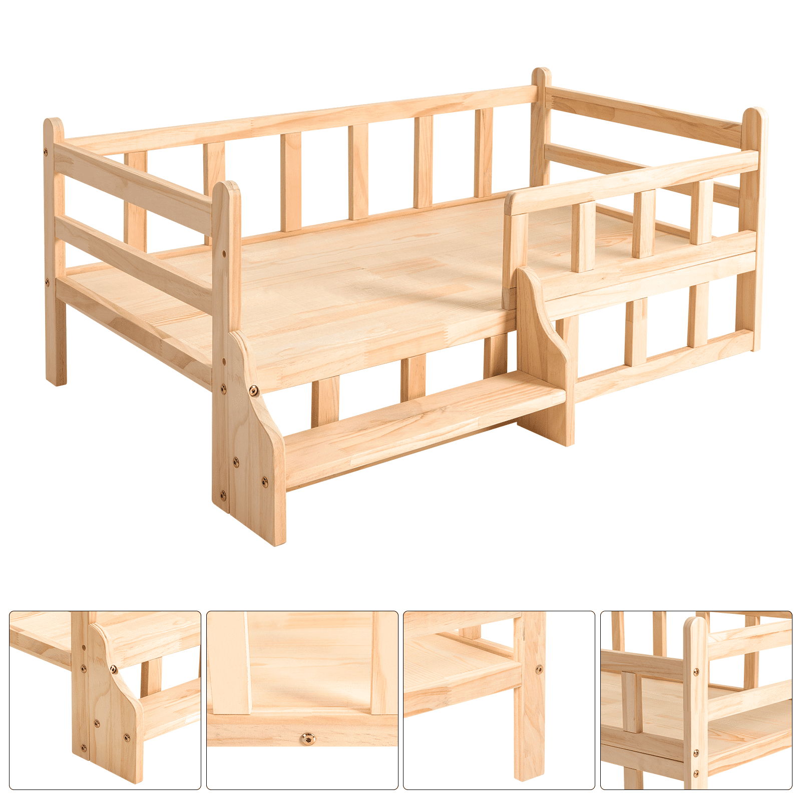 96*56cm Solid Pine Wood Pet Bed Frame Elevated Fence Dog Cat Wooden Bed Large