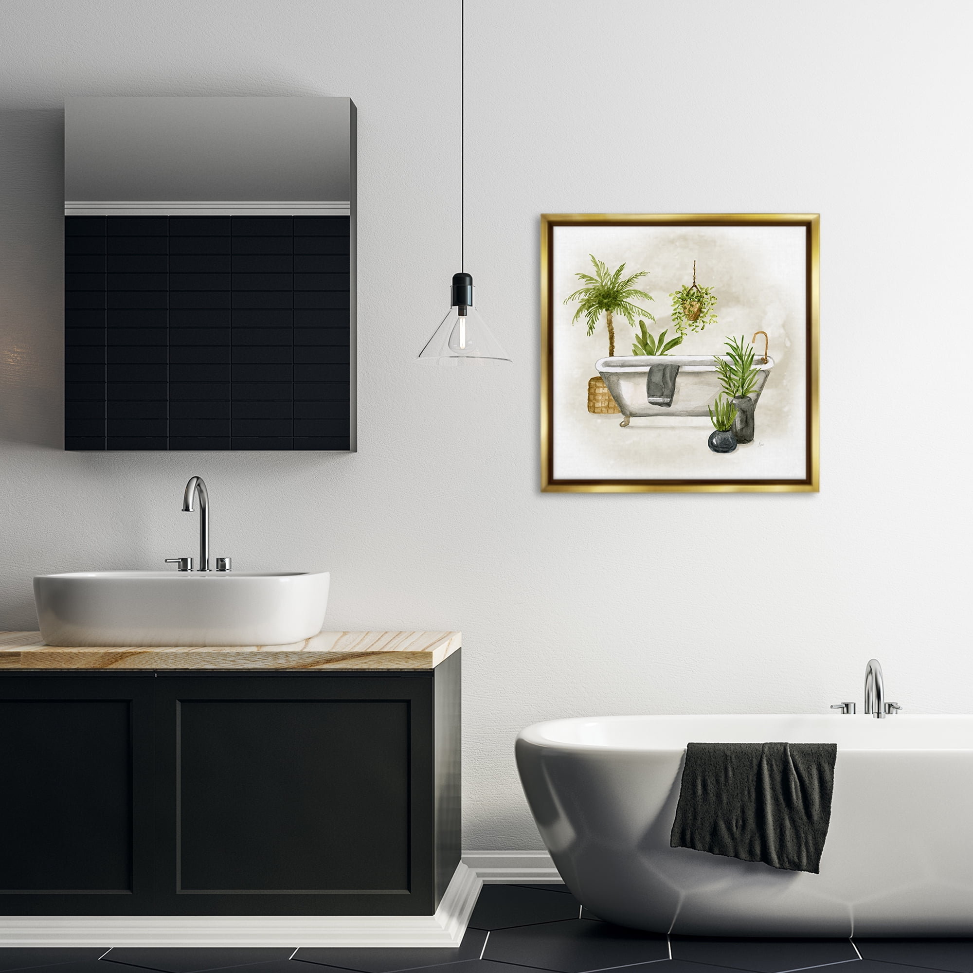 Stupell Industries Plant Filled Bathroom Bath & Laundry Painting Gold Floater Framed Canvas Art Print Wall Art, 25 x 25