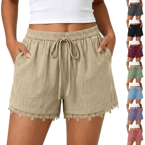 Favoffer Shorts for Women Linen Blend Lace Elastic Waist Drawstring Summer Beach Shorts with Pockets Casual Loungewear