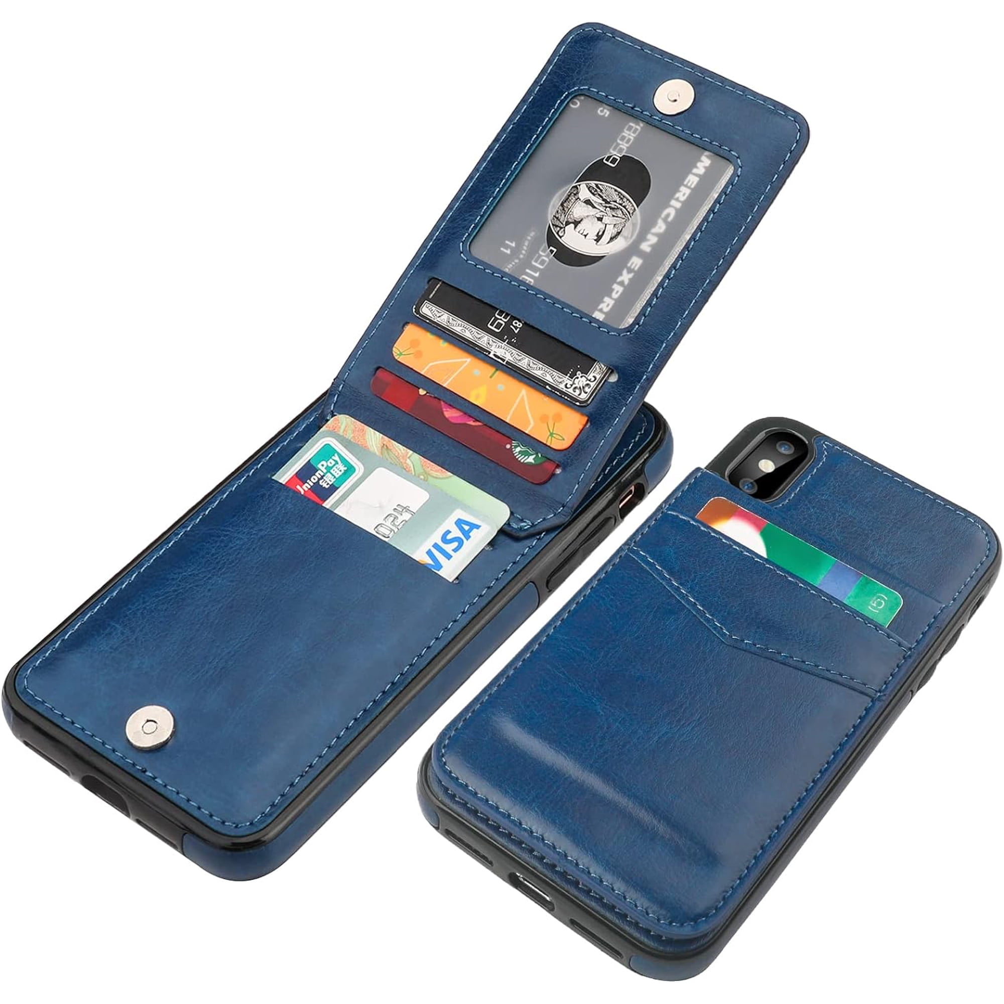 REQO iPhone Xs Max Case Wallet with Credit Card Holder, Premium Leather Magnetic Clasp Kickstand Heavy Duty Protective Cover for iPhone Xs Mas 6.5 Inch(Blue)