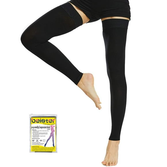 Beister Thigh High Footless Compression Sleeves with Silicone Band for Women &amp; Men, Firm 20-30 mmHg Graduated Support for Varicose Veins, Edema, Flight