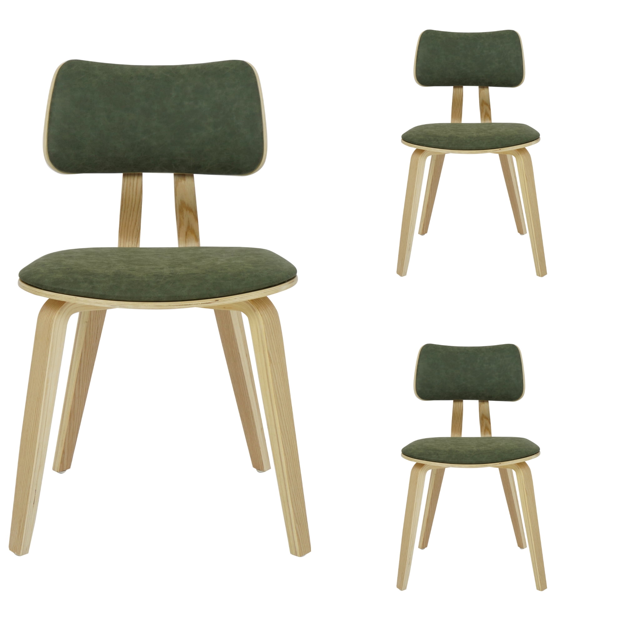 Jaguar Vintage Green Curved Back Wood Dining Chair with Faux Leather Seat Set of 3