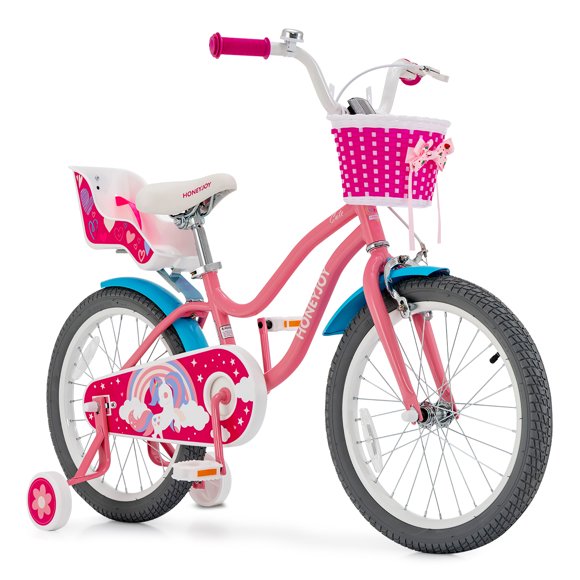 Gymax Vélo pour Enfants de 18 Pouces avec Chaise pour Poupée et Panier Vélo pour Enfants avec Roues Stabilisatrices Rose