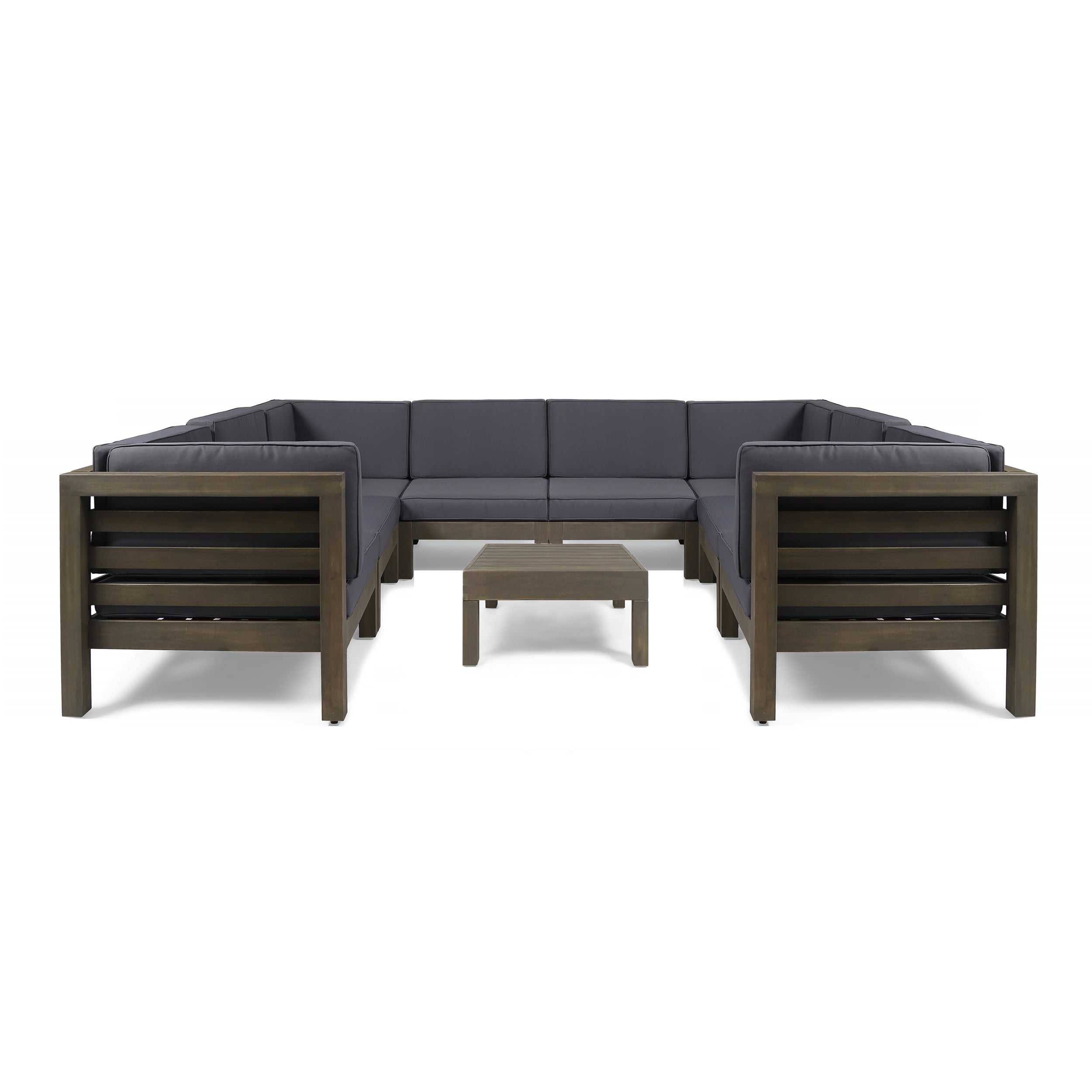 Frankie Outdoor 9 Piece Acacia Wood U-Shaped Sectional Sofa Set with Coffee Table and Cushions, Gray, Dark Gray