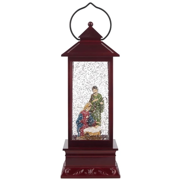 13" Light-Up Holy Family Nativity Lantern - Christmas Manger Scene with Glitter & Wood Base