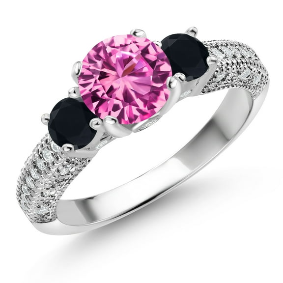 Gem Stone King 925 Sterling Silver Pink Created Sapphire Black Onyx and White Moissanite Engagement Ring for Women (2.18 Cttw, Gemstone September Birthstone, Round 7MM and 4MM, Size 7)