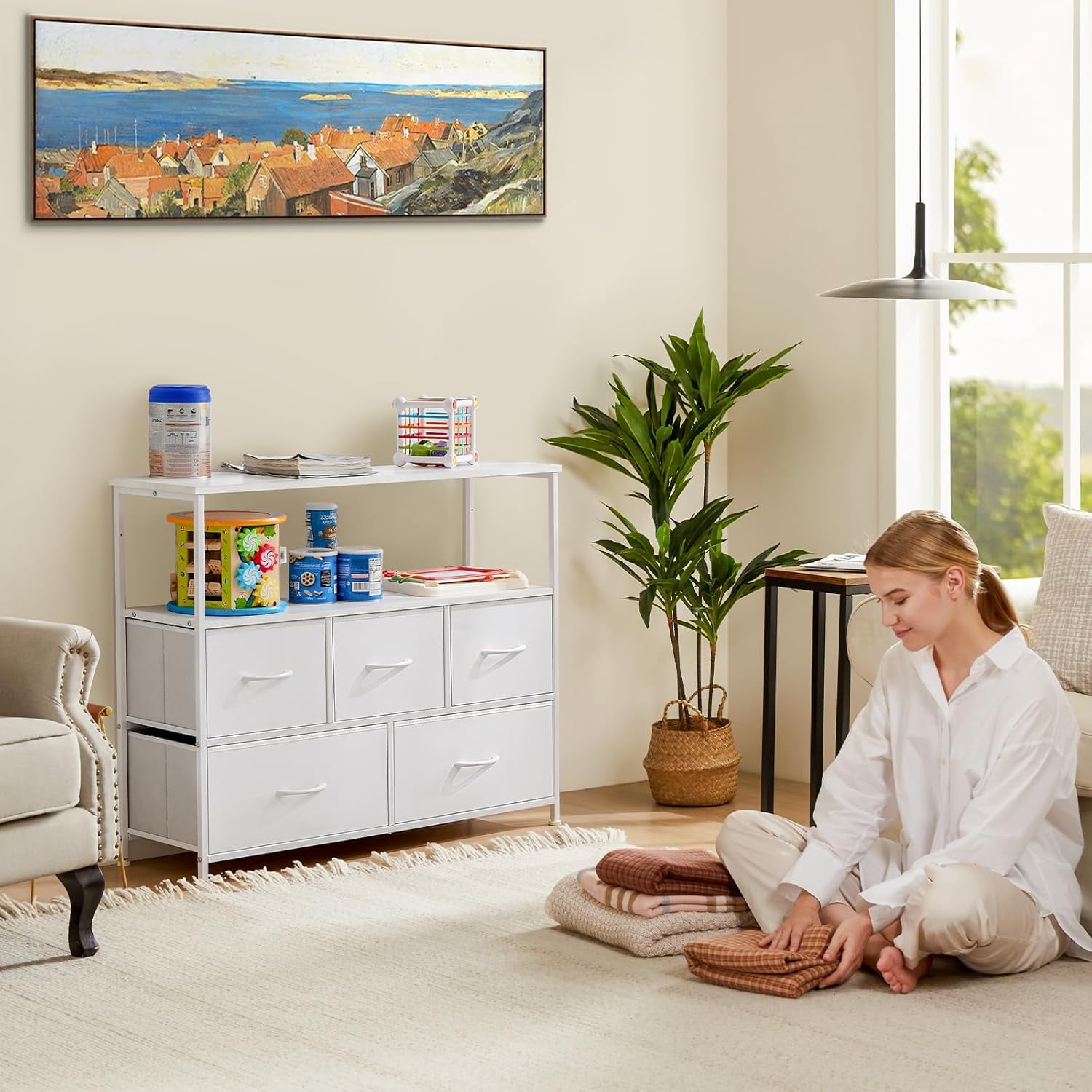 Bigleap TV Stand for Bedroom, TV Dresser for 45 inches, Media Console Table, Entertainment Center with 5 Fabric Drawers Cabinet and Open Storage Shelf Furniture Cabinet for Living Room, White