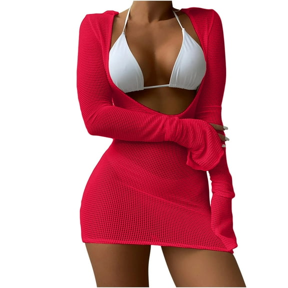 Zpanxa Bathing Suit for Women, Three Piece Swimsuits for Women, Three-Piece Suit Women Bandage Solid Bikini Push-Up Padded Swimwear Swimsuit Beachwear Set Red XL