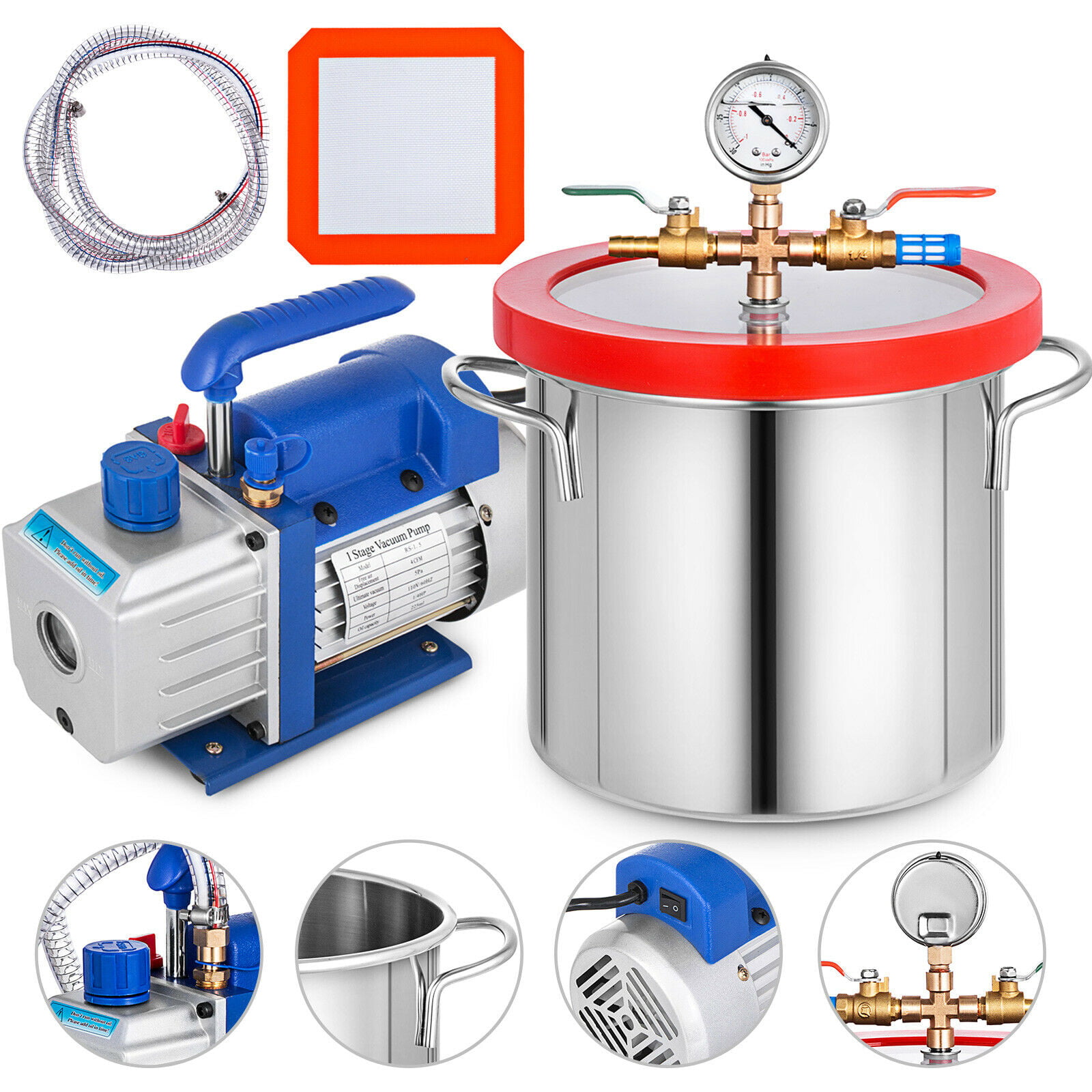 SVac 3 Gallon Wide Stainless Steel Vacuum Chamber and VE225 4CFM Two Stage Vacuum Pump Kit