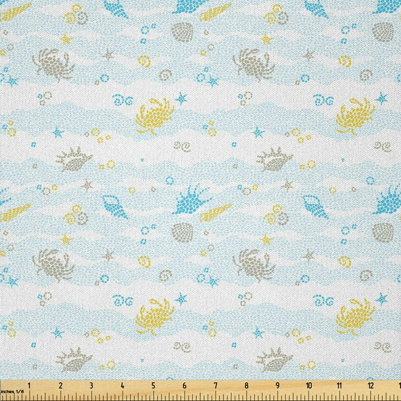 Ambesonne Maritime Fabric by the Yard Microfiber, Crabs and Seashells, 2 Yards, Blue and Yellow