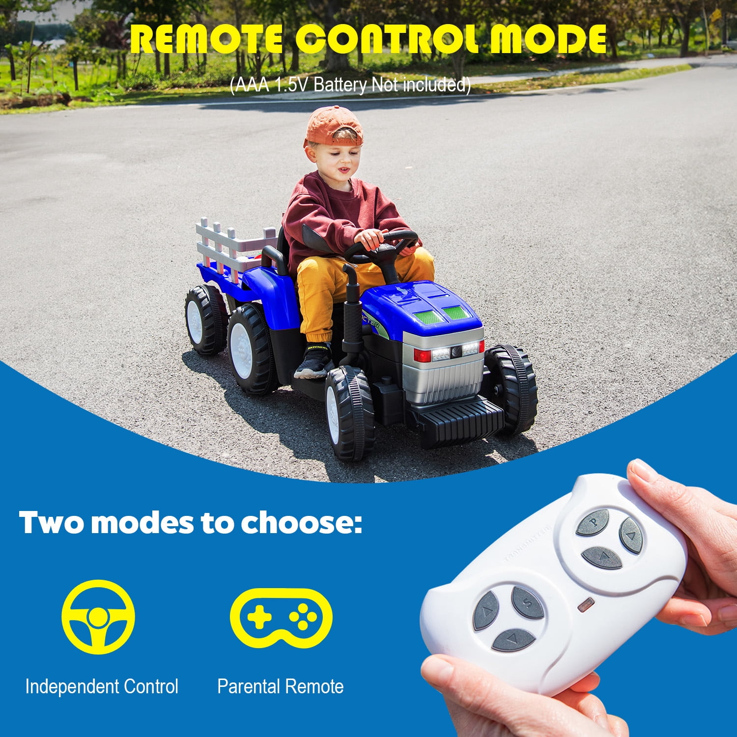 XCLOUD 12V Toy Tractor with Trailer, Remote Control, Kids' Electric Excavator Vehicles with 2x35W Dual Motor, Treaded Tires, LED Lights, USB, Music, Blue