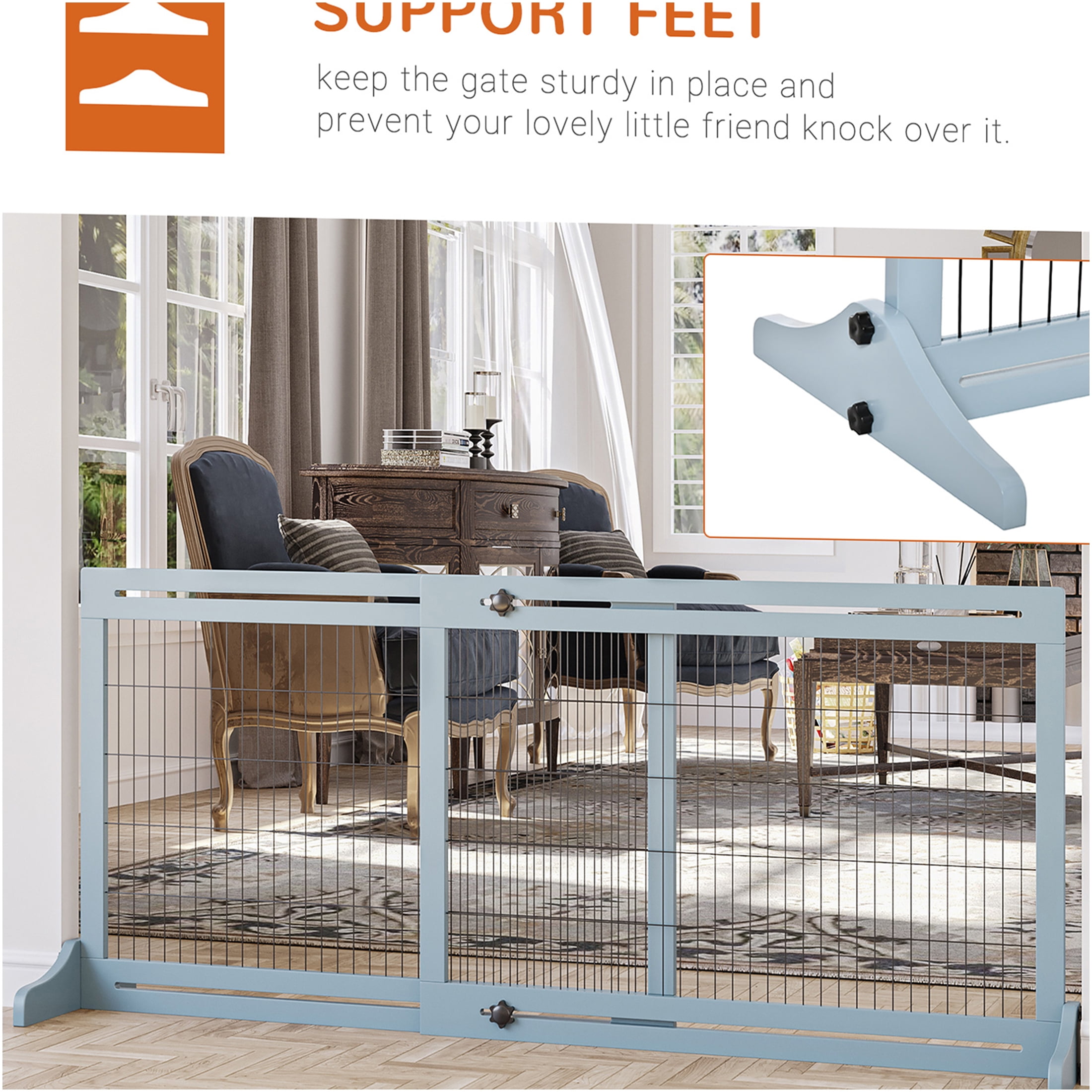 JERFIT 72 Inch Extra Wide Pet Gate for Doorways, Freestanding Dog Gate with Adjustable Width, No Drill Wooden Puppy Fence for Stairs, Hallways, House in Gray