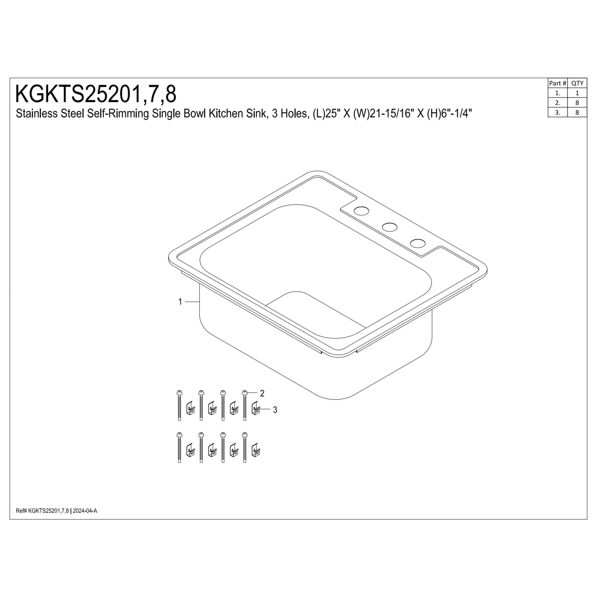Kingston Brass Studio KGKTS25201 25" Stainless Steel Self-Rimming Single Bowl Bar Sink with 3-Hole Drain and Strainer, Stainless Steel/Polished Chrome