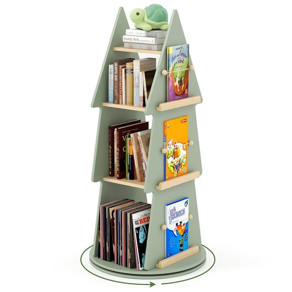 Gymax Bibliothèque Rotative pour Enfants à 4 Niveaux en Forme d'Arbre, Bibliothèque Tournante, Présentoir à 360°