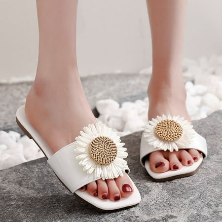 

YOTAMI Women s Shoes Women Beach Breathable Flowers Sandals Home Slipper Flip-Flops Flat Shoes White