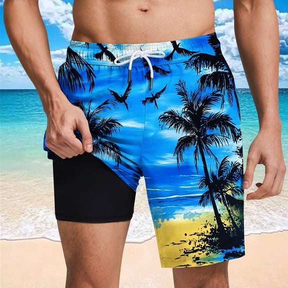 qelini Mens Summer Beach Shorts Big and Tall Pockets Drawstring Waist Bermuda Shorts Print Hawaiian Shorts
