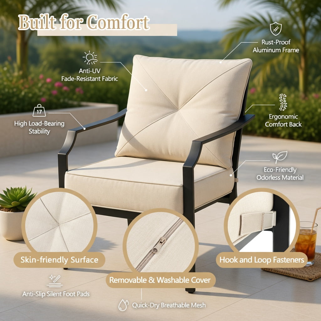 Hommoo 2-Piece Outdoor Dining Chairs Set with Padded Cushions, Black Steel Frame, Rust-Resistant Patio Chairs for Backyard, Garden & Balcony, Beige