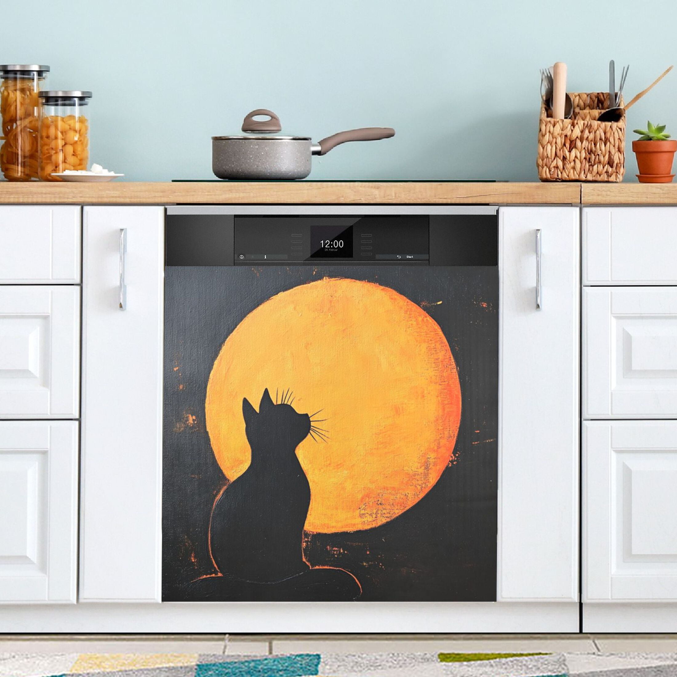 Dishwasher Magnetic Sticker 23x26 Inch Refrigerator Magnetic Sticker Washing Machine Magnetic Sticker Kitchen Panel Magnetic Sticker Home Decor Orange Moon Cat