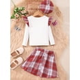 thumbnail image 4 of Wassery Kids Girls Fall Outfit Little Girls Long Sleeve Crew Neck T-shirt + Plaid A-line Skirt + Hat 2T 3T 4T 5T 6T 7T Child Girls 3PCS Autumn Clothing, 4 of 9