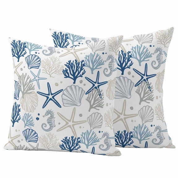 Outdoor Pillow Covers 26x26 Set of 2, Blue Beige Coastal Waterproof Patio Throw Pillow Covers for Couch Sofa Chair, Summer Beach Starfish Coral Nautical Decorative Pillowcases for Throw Pillows